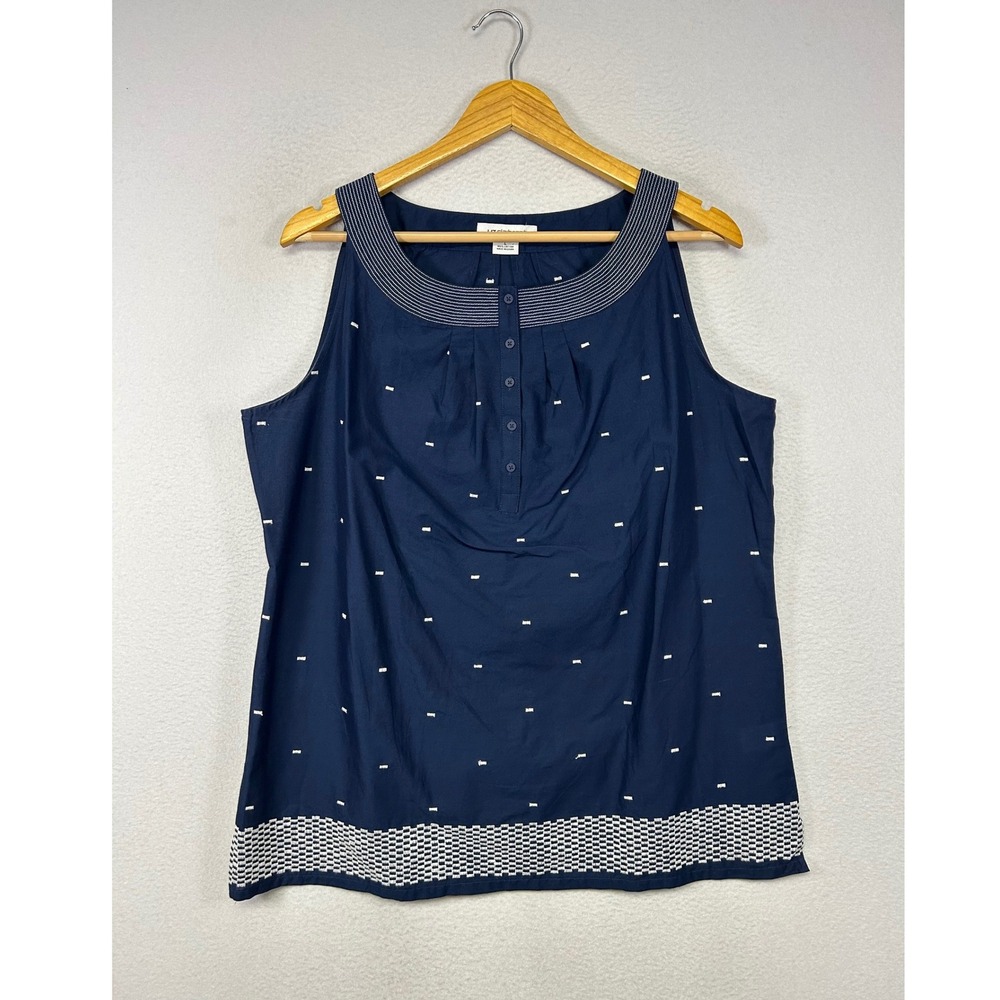Nautical Liz Claiborne Womens Large Navy Blue Sleeveless Cotton Embroidered Top